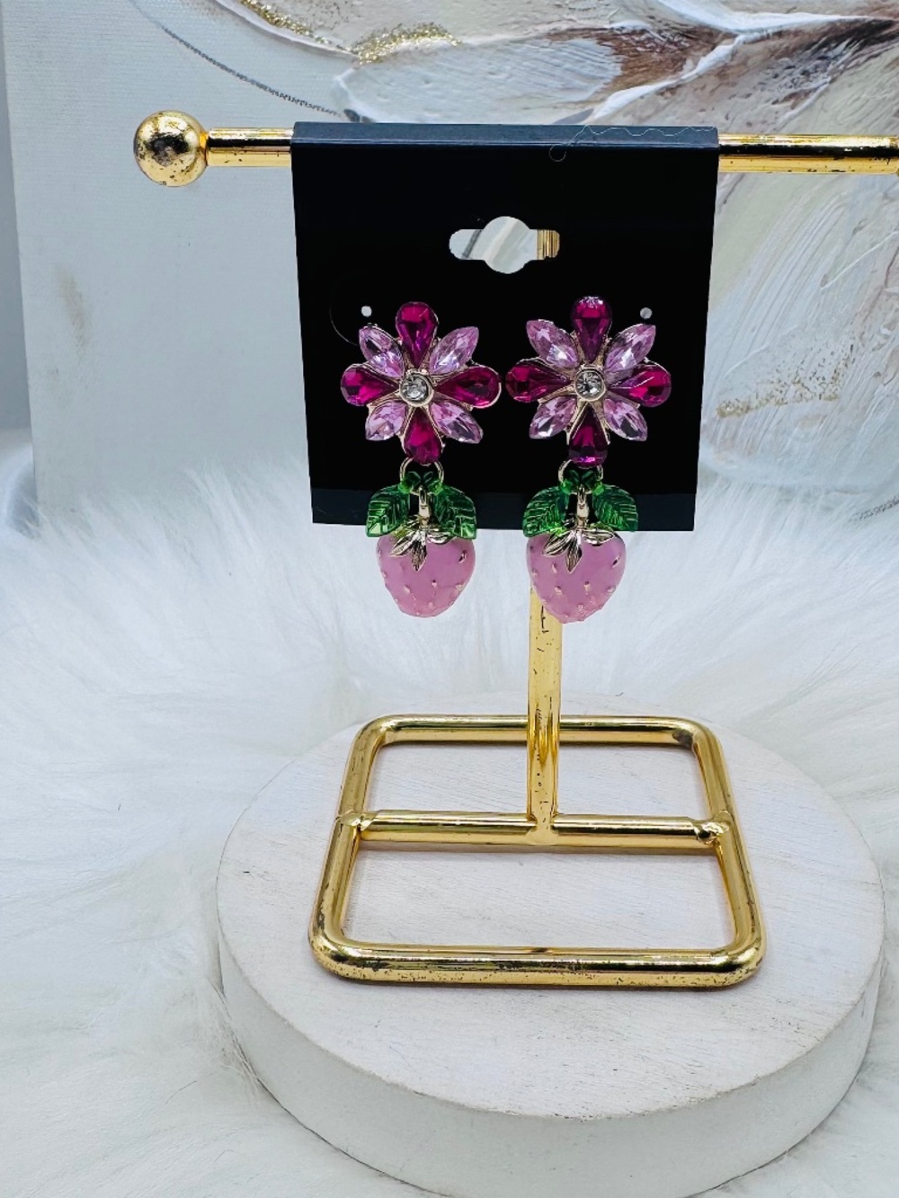Pink Floral Strawberry Drop Earrings - Women Jewelry
